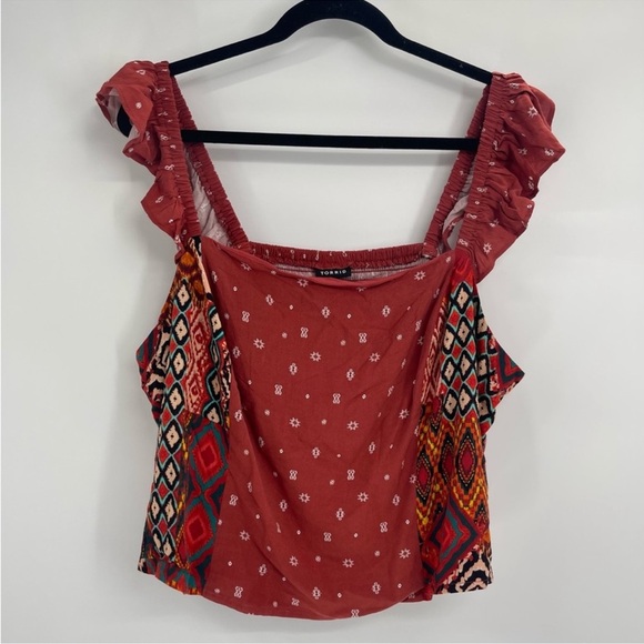 NWT Torrid Challis Smocked Ruffle Trim Crop Red Boho Tank Top size 3X - Picture 2 of 9